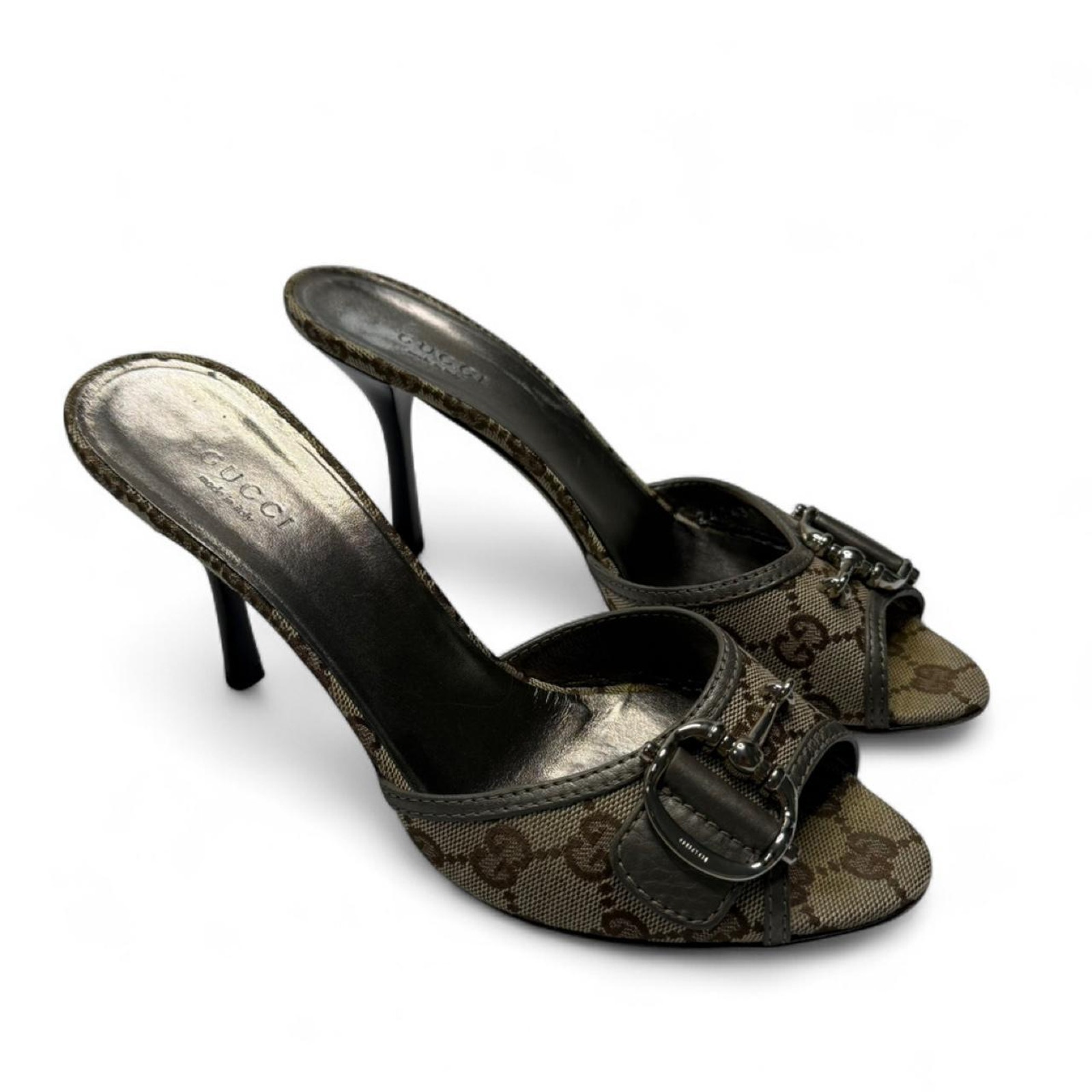 Gucci Beige And Brown Monogram Canvas And Leather Mules Buckle Detail Size 8(38)